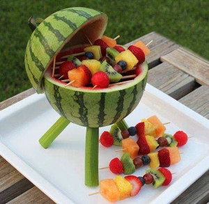 Watermelon barbecue and fruit shish kabobs